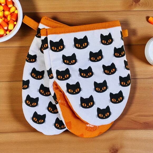 NEW Martha Stewart Orange & Black Cat Cotton Mini Oven Silicone Mitts Kitchen - Picture 1 of 5